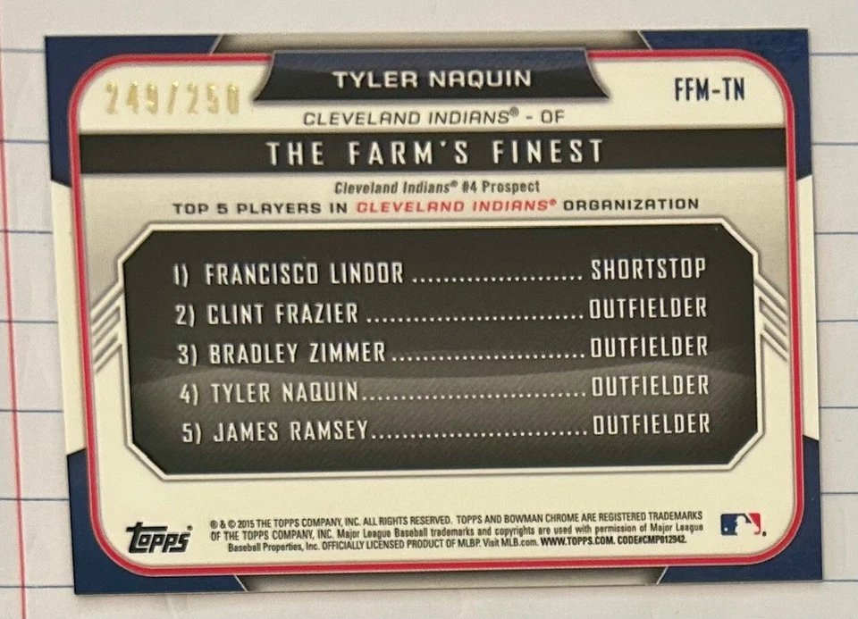 Tyler Naquin 2015 Bowman Chrome The Farms Finest Mini Purple #'d /250 - Image 2 of 2