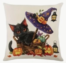 Black Cat Vintage Spooky Fun Halloween Linen Throw Pillow Cover Home Decor 18  