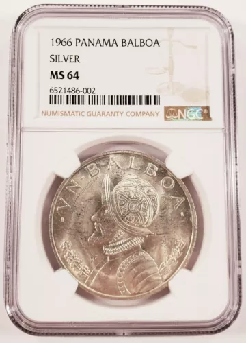 1966 Silver Panama Balboa Graded by NGC as MS-64
