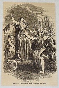 1881 magazine engraving ~ BOADICEA ROUSING HER BRITONS TO WAR