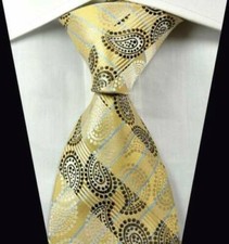 Beautiful 100 Silk Tie-JACQUARD-Paisley-Gold/Yellow/57-60 Inches Long-3 3/4 W