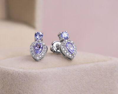 Ohrringe 1,01 kt bläulich lila Tansanit & natürlicher Diamant | 14 K Weißgold