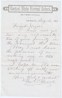RARE Signed Letter George Beard - Central State Normal School Lock Haven PA 1886