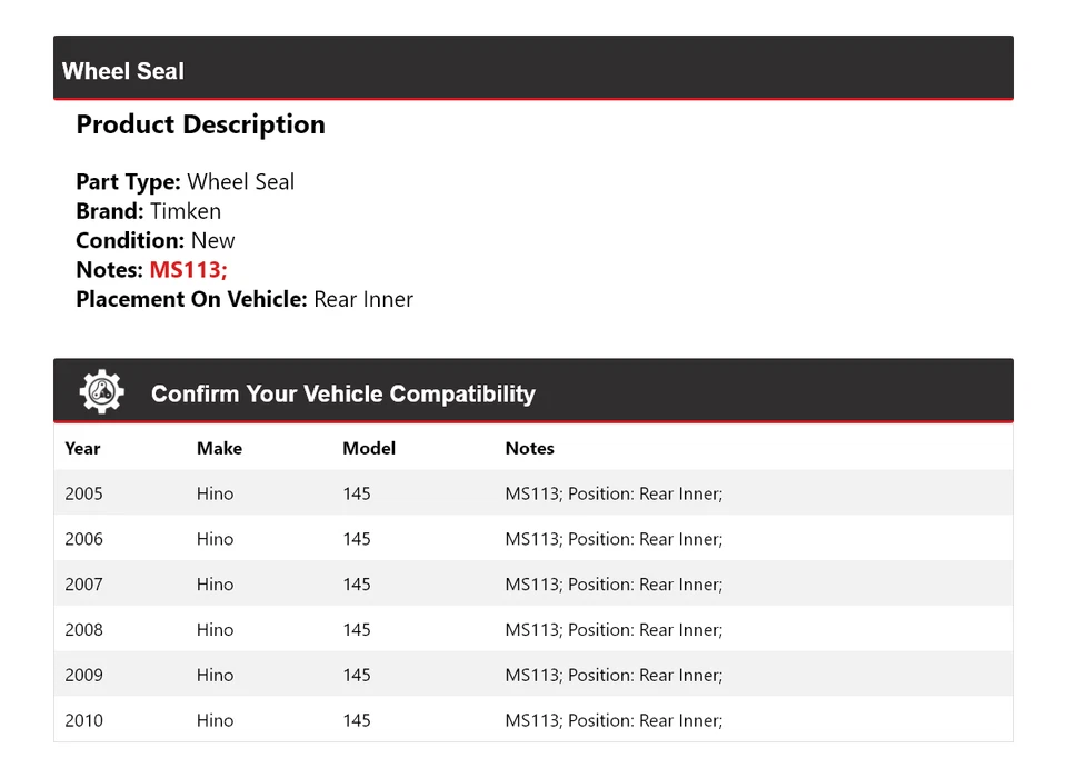 Sello de rueda interior trasero para Hino 145 2005-2010 Timken 2006 2007 2008 2009 Foto 2 de 3