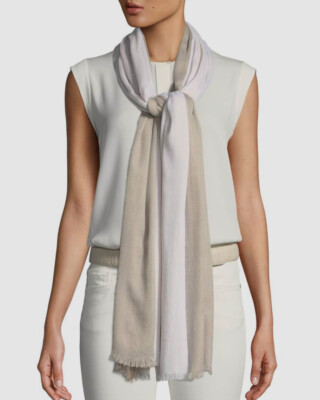 $1925 Loro Piana Women's Beige-White Silk-Cashmere Colorblocked Fringed Scarf