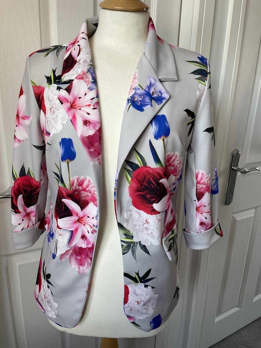 Made In Italy Ladies Floral Jacket Size S Silver Grey Pink Blue