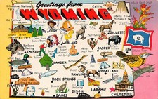 Wyoming Map Lusk Casper Lander Laramie Afton Gillette Worland Vtg Postcard B17