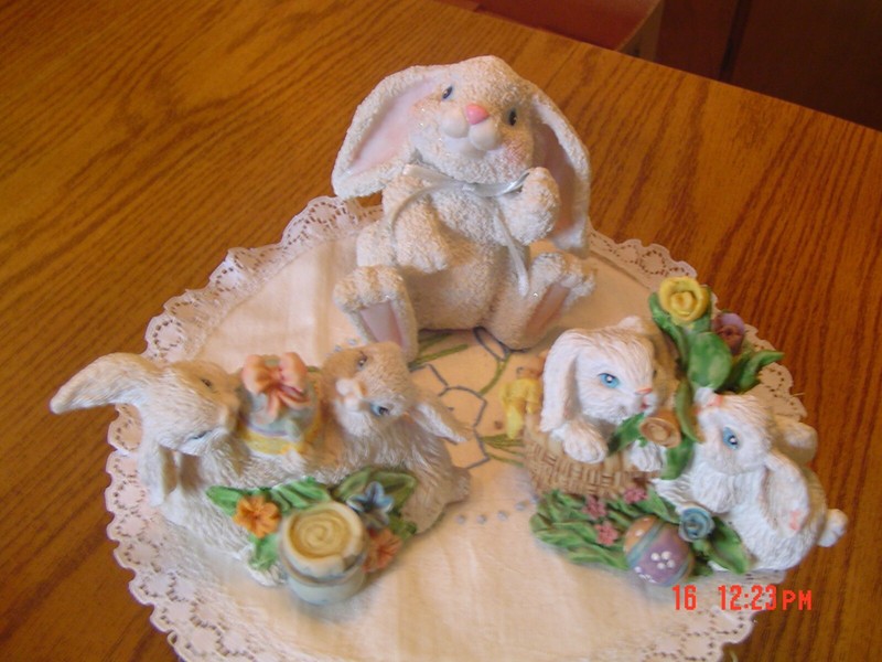 3-Cute Ceramic Bunny Rabbit Figurines Long Ears, Smiling, Waving 3" x 4"