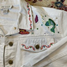 Petite Sophisticated Beach Beaded Jean Jacket Embroidered Button Front Sz M Fish