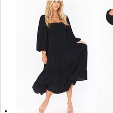 Womens Show Me Your MuMu Elaina Midi Dress Black Smocked Long Sleeve Sundress