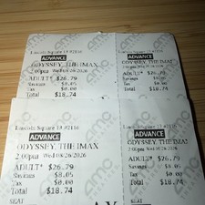 2 Tickets The Odyssey 70mm IMAX Wed 8/26 2PM AMC Lincoln Square NYC
