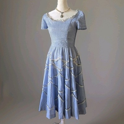 Vtg 1950s 60s Scalloped Lace Dress, XS, Cornflower Blue, Cotton Chambray |  eBay