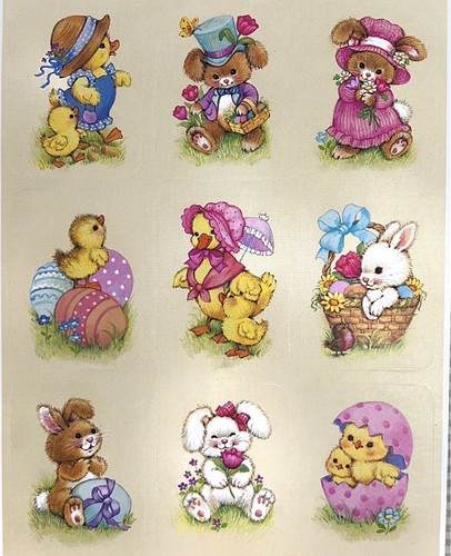Vintage Easter Sticker Sheet Super Adorable Animals Rabbits Bunny Chicks Eggs 