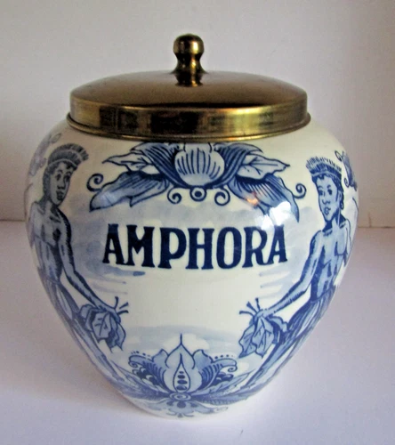 Vintage Hand Painted Delft Blue Holland Amphora Tobacco Jar With Brass Lid 7"