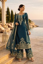 New Launching Teal Blue Silk Palazzo Suit With Dupatta For Wedding Wear