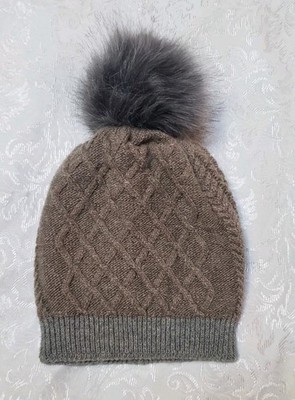 Yargici Beenie Hat Neutrual Brown Grey Furry Pom Pom