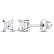 925 Sterling Silver 3mm Square Solitaire CZ Stud Screw Back Earrings Toddlers