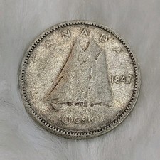 Canada 10 Cents 1947 Silver Coin King George VI Bluenose Schooner