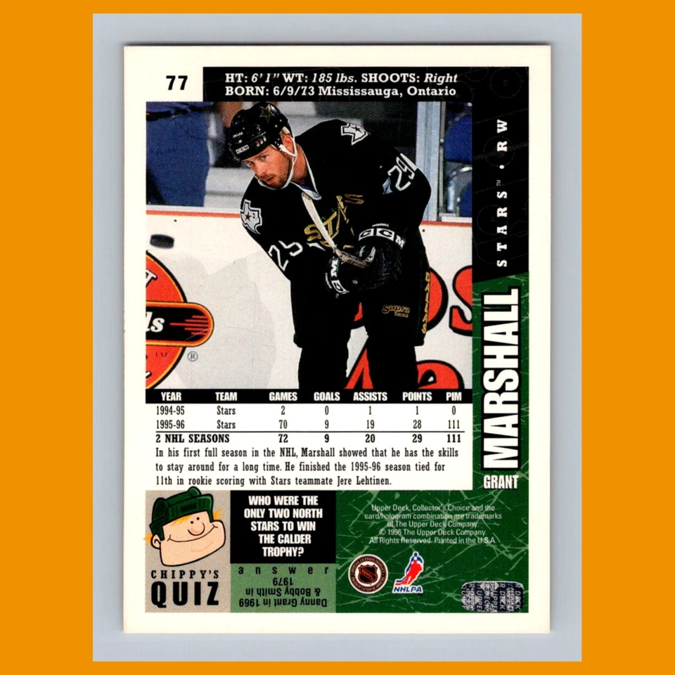 Grant Marshall #77 1996-97 Collectors Choice Dallas Stars Hockey Card NHL - Image 2 of 3