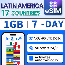 JetSim Latin America eSIM 7 Days 1GB High-Speed Data, Travel 17 Countries SIM