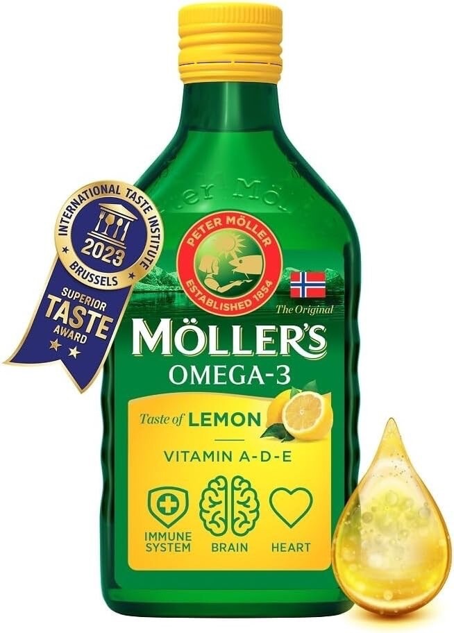 MOLLERS Omega 3 Fish Cod Liver Oil 250 ml TRAN Vitamin A+D3+E, EPA, DHA, LEMON