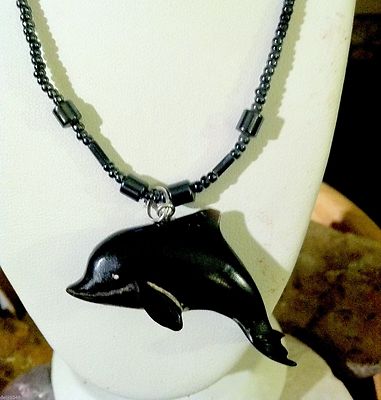 Rare Vintage Unique Hematite necklace by Zetroc hand carved  dolpin pendant