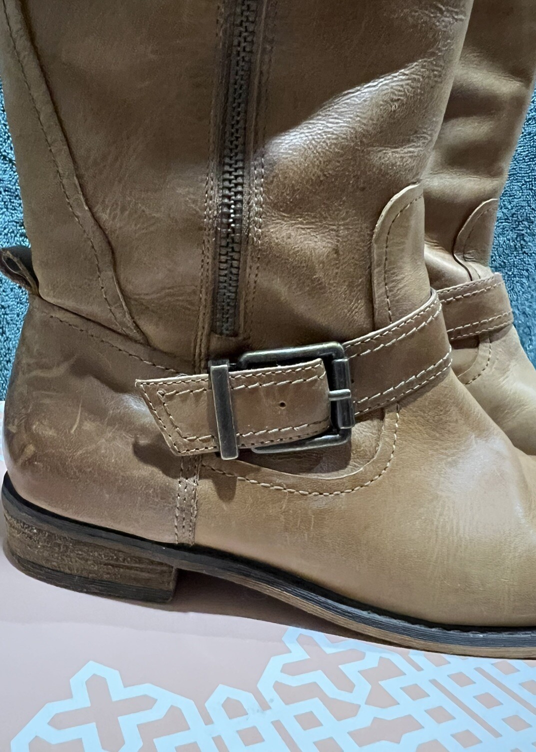 Gianni Bini Size 7.5 Ride On Motorcycle Boots Gingerbread Color Leather W/ Box