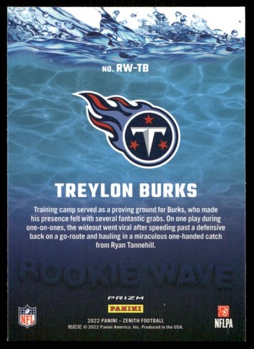Treylon Burks 2022 Panini Zenith #RW-TB Rookie Wave Prizm RC SP Titans - Picture 2 of 2