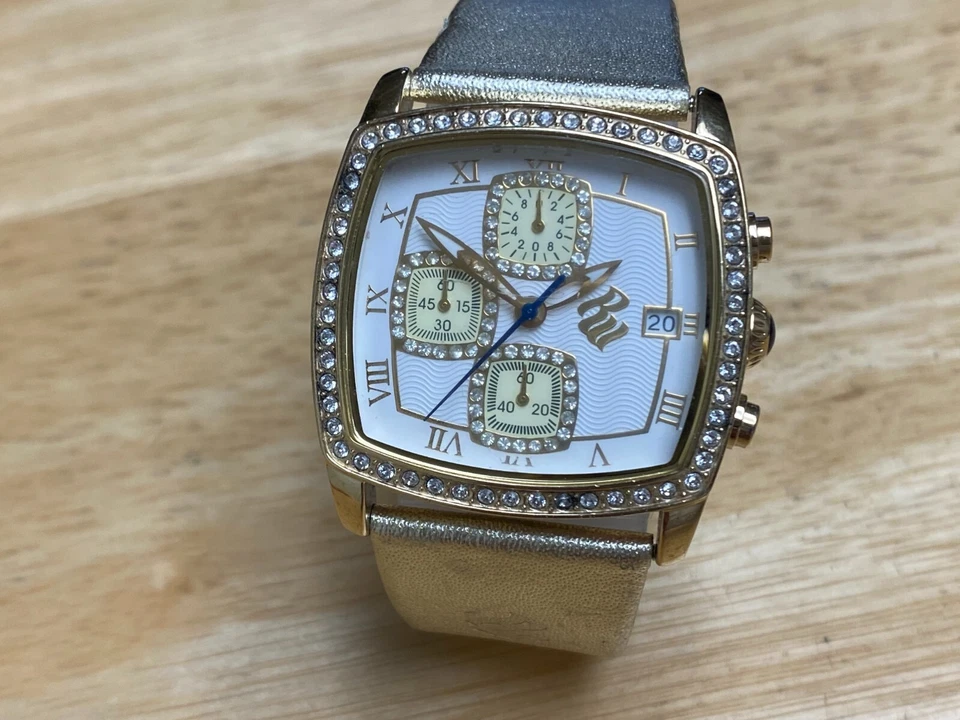 Roca Wear Quartz Chronograph Watch Unisex Gold Tone Leather Analog New Battery - Image 2 of 4