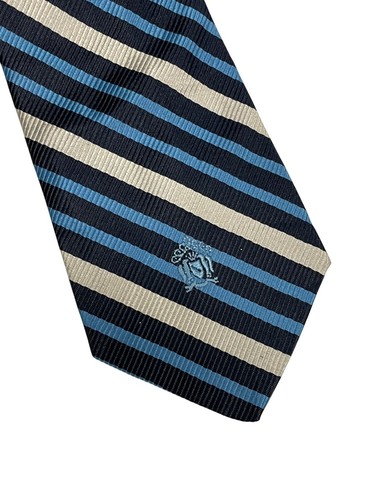 Vtg 70's Oleg Cassini Blue Silver STRIPE Silk Necktie CREST LOGO Paisley Fat Tie - Picture 3 of 5