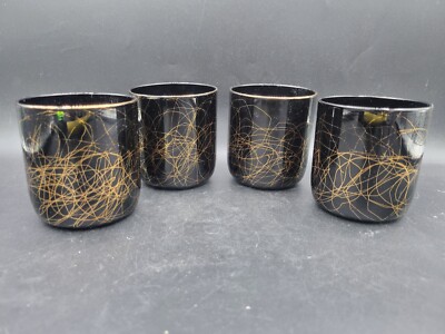 4 RARE Libbey Vintage Hand Blown MCM Black Gold Swirl Glass Tumblers Set Barware