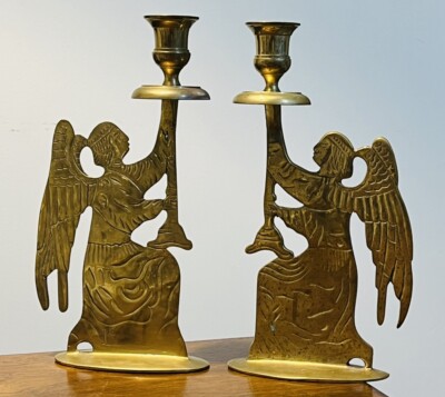 Pair Vintage Mid Century Brass Double Sided Angle Candlesticks India