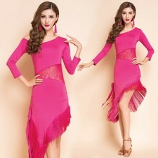 Damen Fransen Tanzkleid Latein Spitze Lange &Auml;rmel Florales Tango Salsa