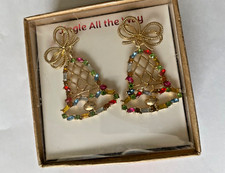 NIB Jingle the Way Christmas Bells Dangle Earrings Goldtone Rhinestones DF152