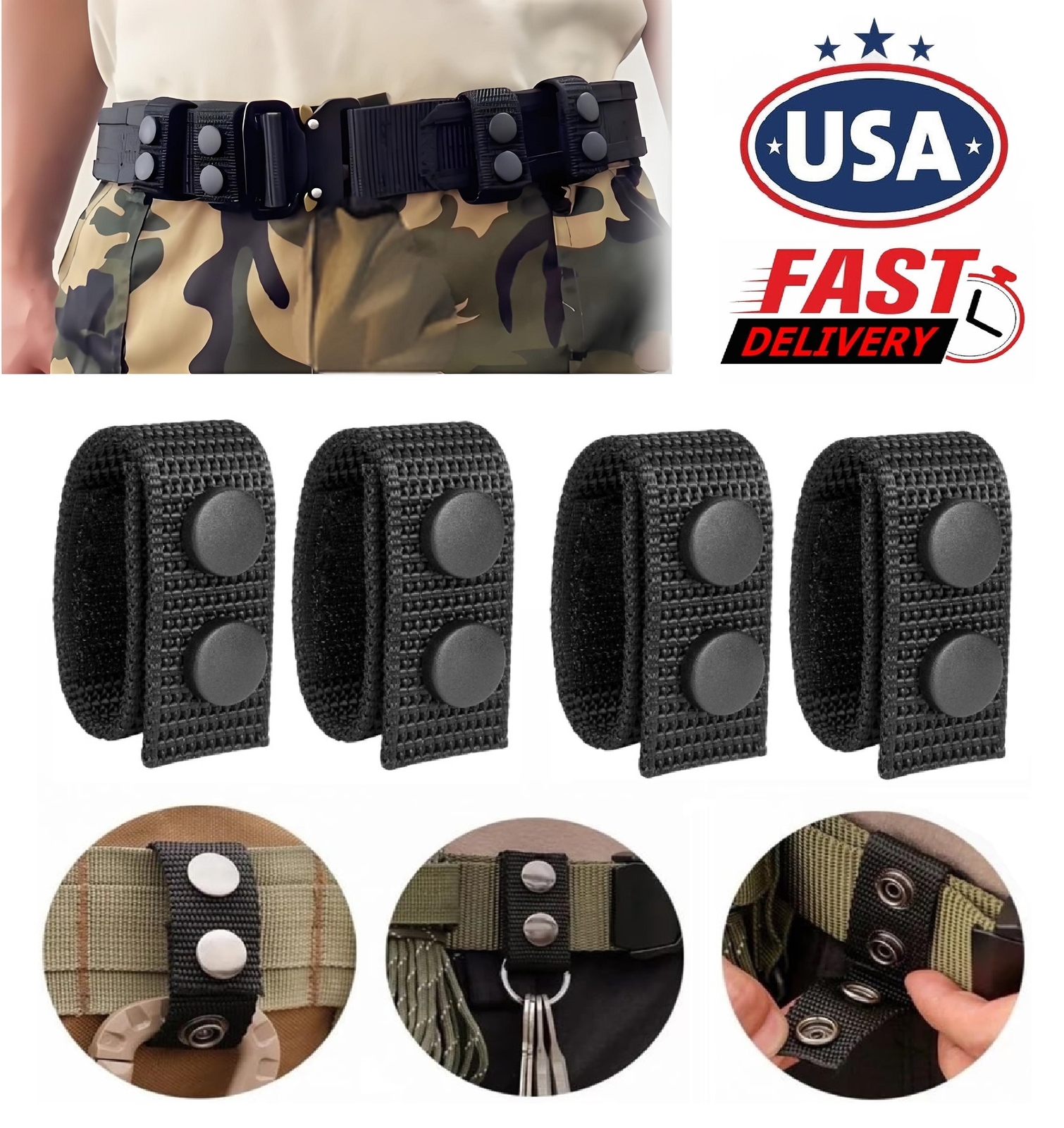 4× Tactical Duty Belt Keeper Security Tactical Belt Keepers with Double Snaps US
