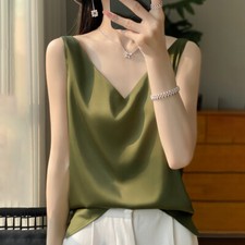 Elegant Women V-Neck Sleeveless Silk Satin Business Tank Top Camisole Vest Shirt