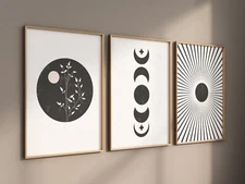 Mid Century Modern Printable Sun and Moon Design Wall Art Paintings