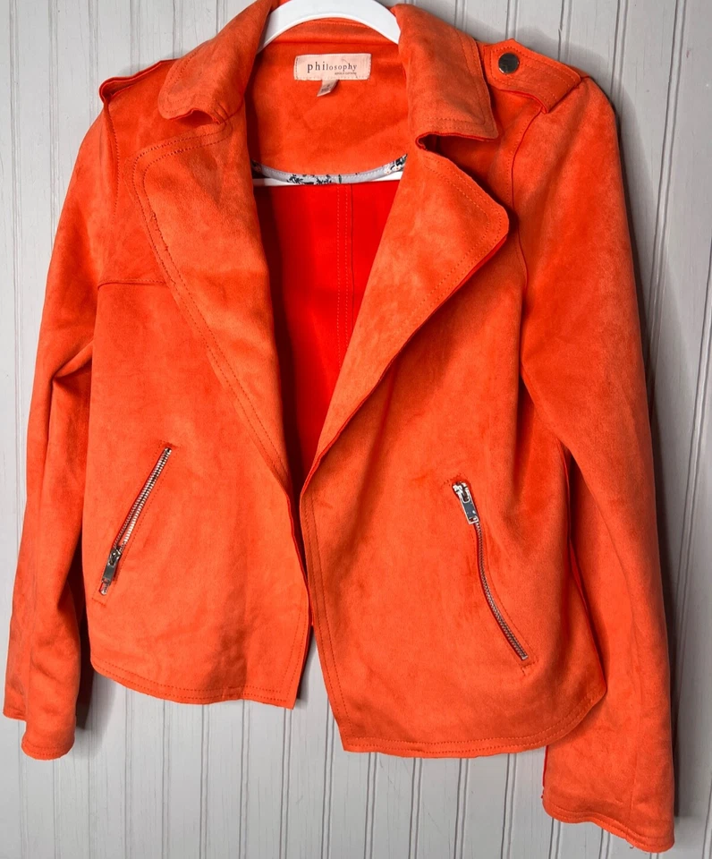 CHAQUETA S Philosophy Mujer Generosa Cuero Vegano Gamuza Naranja Plata Cremallera Nueva Sin Etiquetas