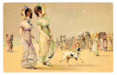 POSTCARD FASHIONABLE WOMEN WALK DOG ON BEACH (SB) UK
