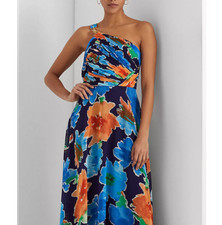 Lauren Ralph Lauren Women's Multi Floral Georgette Navy One-Shoulder B4HP