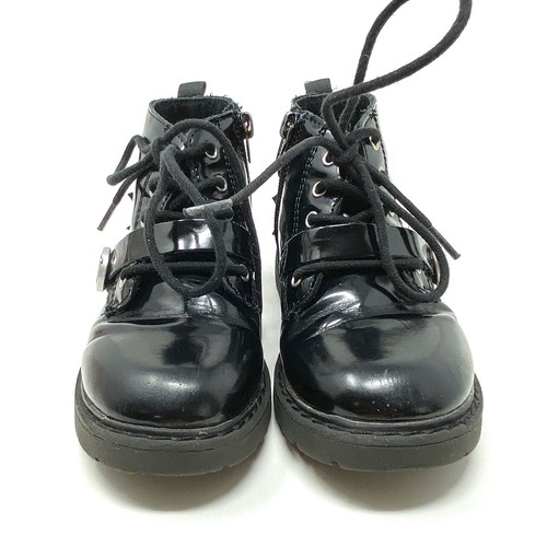 Zara Girls Size 25 (US 8-9) Black Patent Combat Boots Lace Up Buckle - Picture 2 of 6