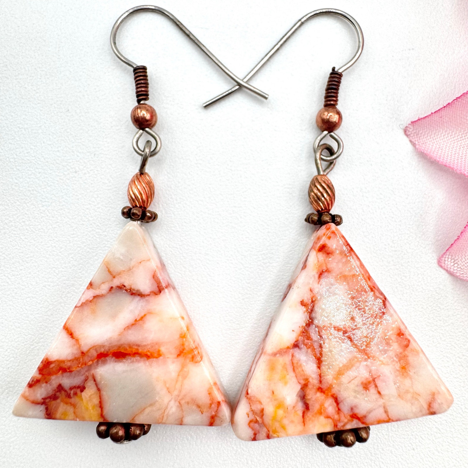 Orange White Veined Triangular Stone Dangle Earri… - image 1