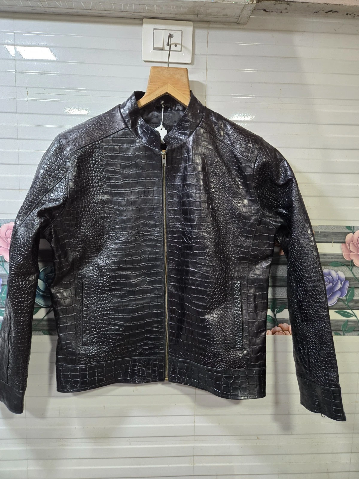 Men's Black Croco Embossed Leather Jacket Zip Moto Biker Regular Fit Style Coat