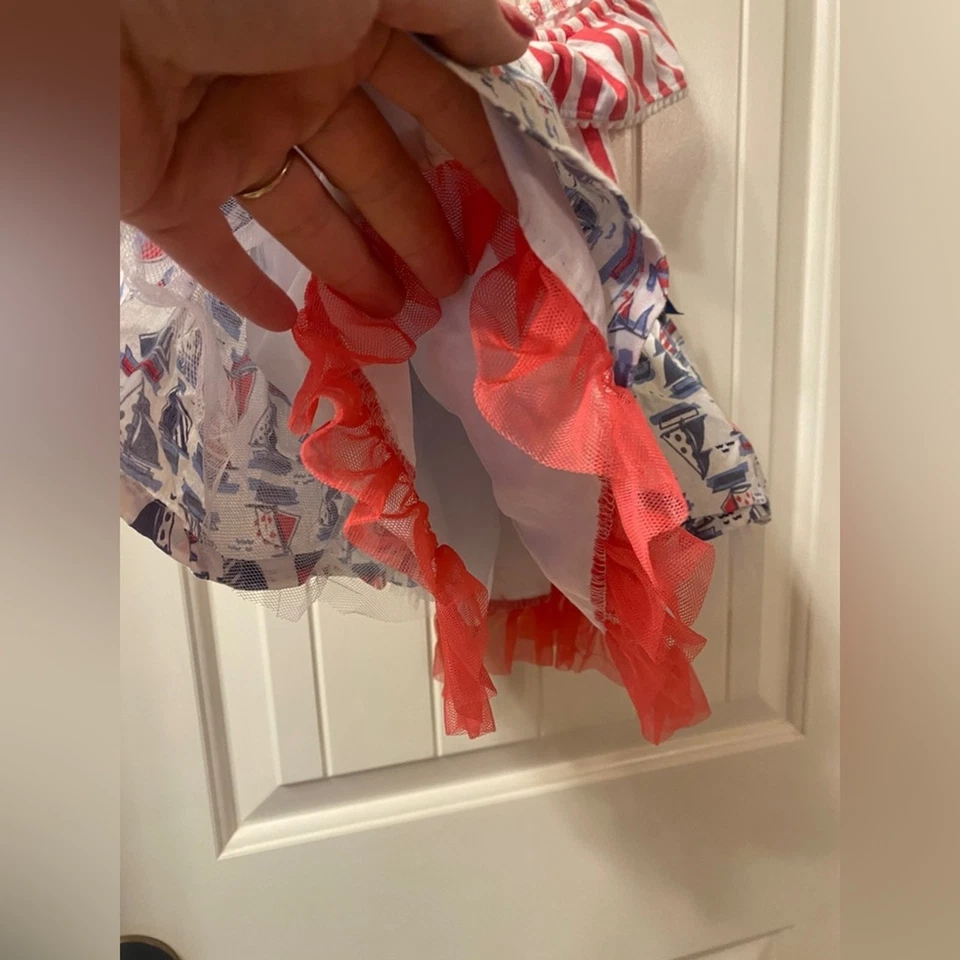 Little Lass Baby Girls 12M Nautical Sailboat Dress Red White Blue Pom Trim - Image 3 of 4