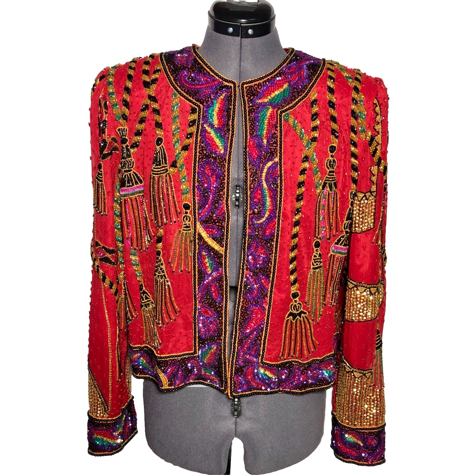 Vtg 80s Beaded Jacket Red Funky Silk Nite Line Della Roufogali Tassel Rope M