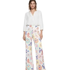 Pantaloni di lino color crema con gamba larga di Zara per donna XS