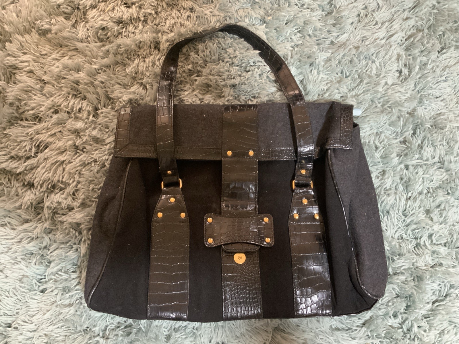 Elizabeth Arden Black Faux Suede Large Shoulder Purse Tote Bag Alligator Print