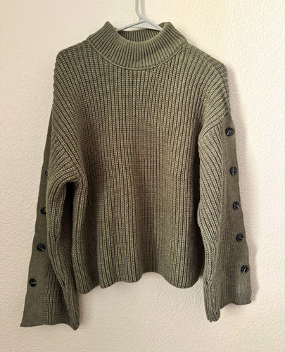 Mango Women's Rib-Knit Pullover Sweater Mock Neck Button Sleeve Green M