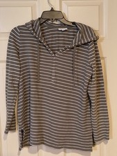 J Jill Hoodie Top Womens XS Green White Striped Soft Pullover 100 Cotton