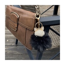 Black Faux Fur Pom Pom Handbag Charm Key Chain 5.5 Rhinestone Fox Accessory